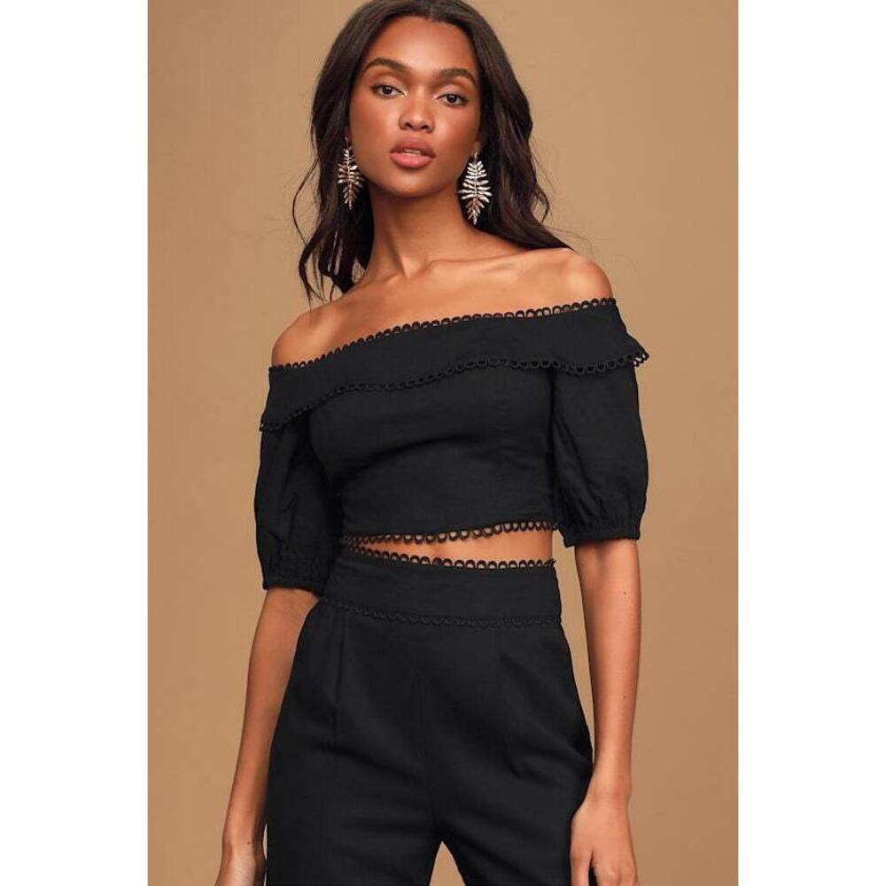 Lulus Bask In Glory Black Crochet Lace Off-the-shoulder Top - Size S
